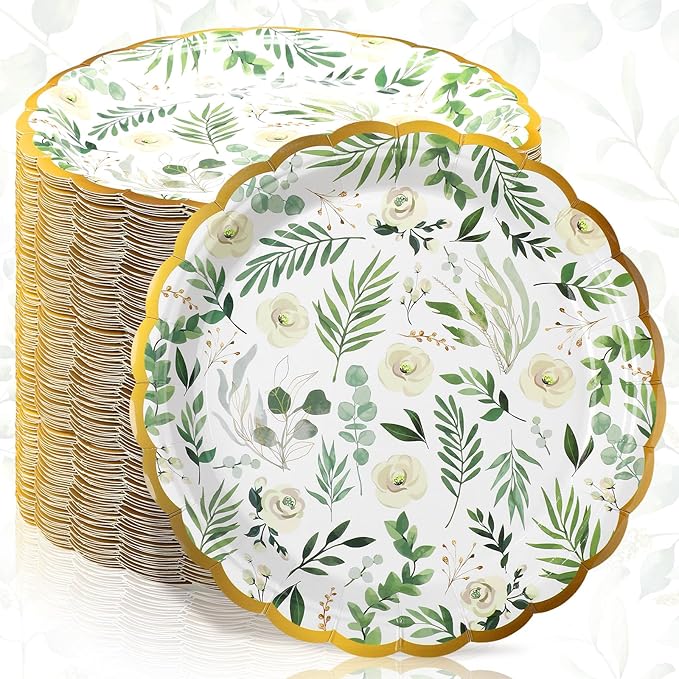 60 Pcs Eucalyptus Paper Plates 7 Inch Baby Showers Green Leaves White Flowers Dessert Disposable Dinner Summer Party Plates for Weddings Gender Reveal Afternoon Tea