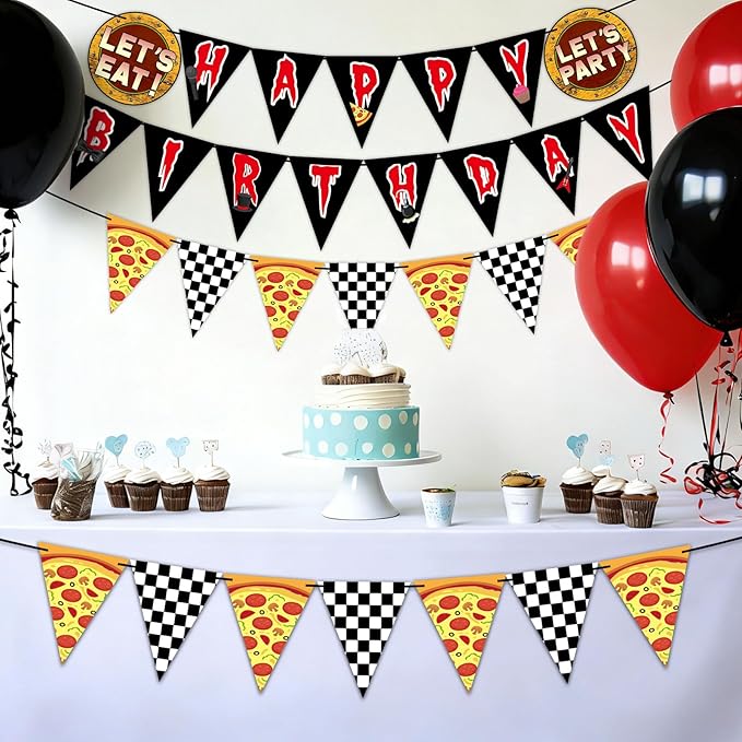 Night Party Decoration Horror Game Happy Birthday Banner Pre-Strung Black White Checkered Pizza Pennant Banner Flags Video Game Bunting Garland for Spooky Creepy Bear Themed Birthday Party Supplies