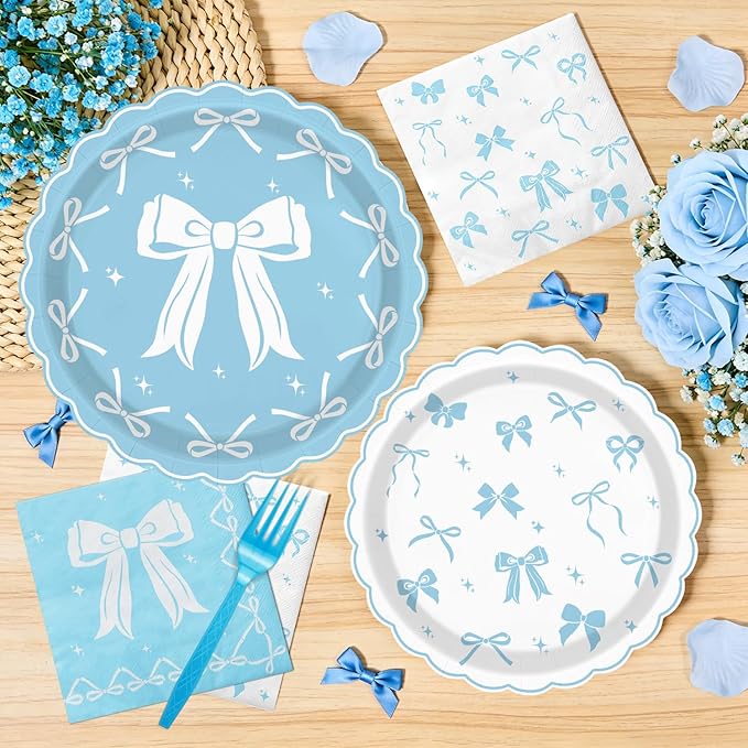 Blue Bow Party Supplies Set for 20 Guests, Including Tablecloths, Forks, Napkins and Plates for Blue Bow Birthday Decorations Coquette Birthday Party Bachelorette