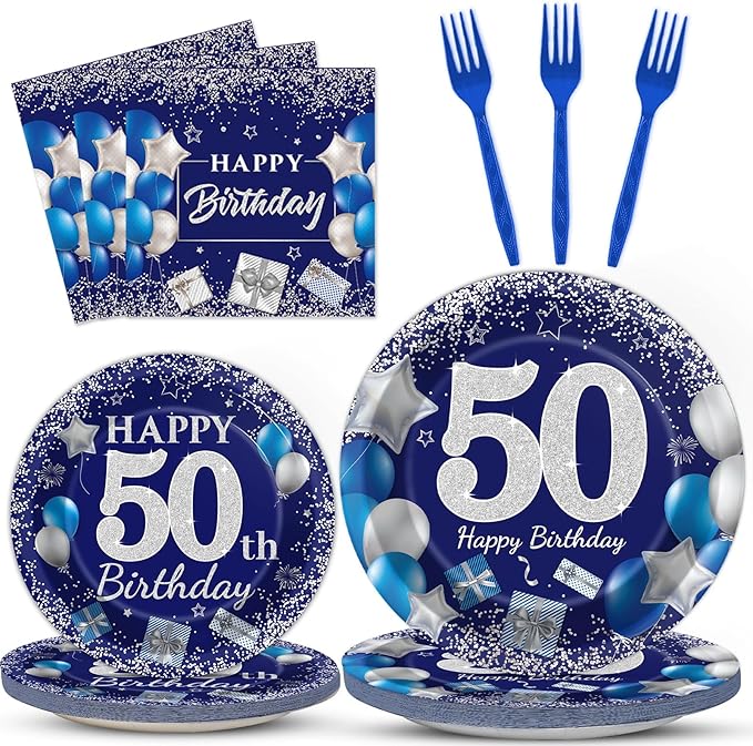 96 Pcs 50th Birthday Party Supplies - Navy Blue & Silver Plates, Napkins, Forks & Table Decorations for 24 Guests