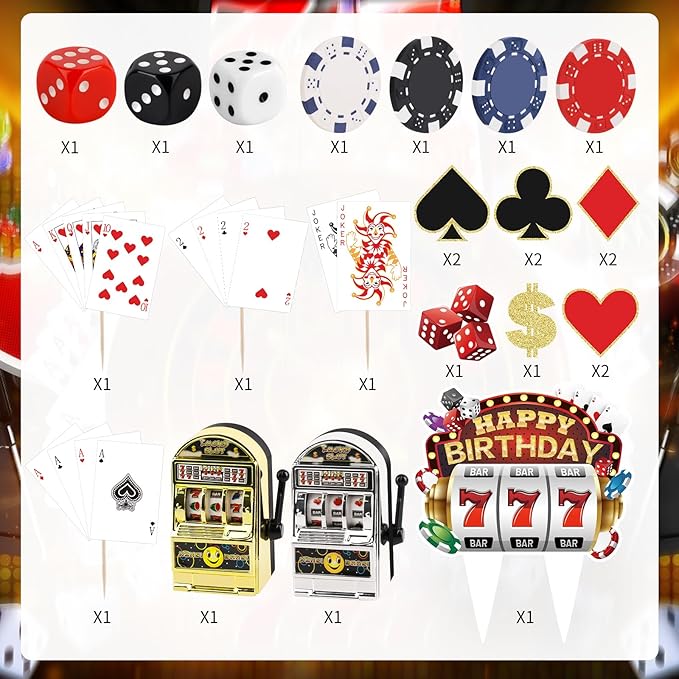 Hooqict 24 Pieces Casino Cake Decorations Set with Mini Toy Slot Machine Poker Casino Cake Toppers & Cupcake Toppers for Las Vegas Casino Night Theme Birthday Party Decorations