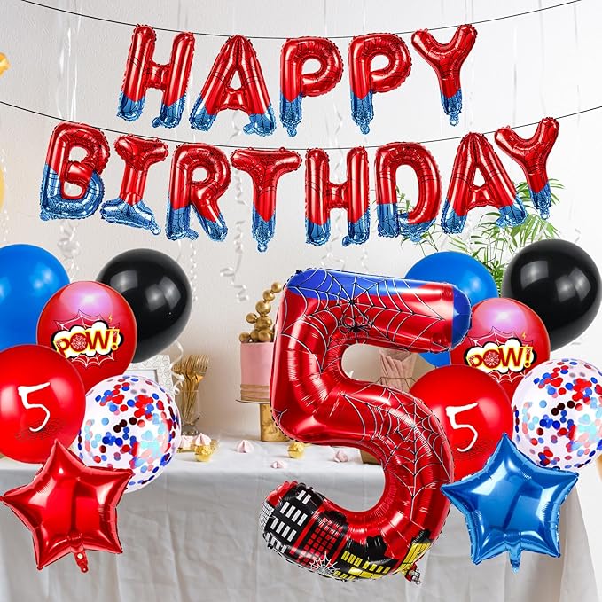 Cartoon Hero 40 Inch Red and Blue Spider Theme Number Foil Birthday Decoration Balloon, Spider Theme Happy Birthday Banner Party Decoration Balloon, Letter Logo Superhero Party Supplies (5)