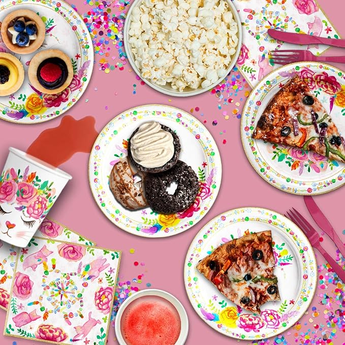 Kitten Kitty Cat Floral Birthday Party Supplies Set - Cat Birthday Party for Girl - Kitten 1st Birthday Party - Spring Party - Boho Party - Tableware Includes Plates, Napkins and Cups | Kit for 16