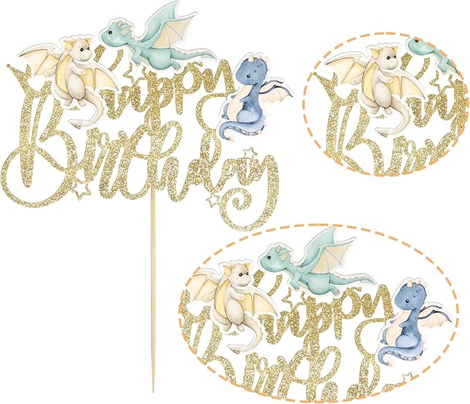 Ephlyn 1Pcs Dragon Happy Birthday Cake Topper Magical Dragon Cake Decorations for Fantasy Parties Flying Dragon Baby Shower Party Supplies