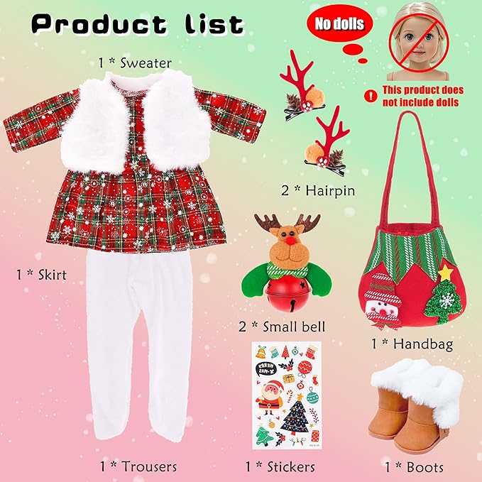 ebuddy 18 inch Doll Clothes and Accessories- Christmas Costume Playset Including Dress,Fur Vest, Tights, Boots, Hair Clips,Bell and Sticker (No Doll)
