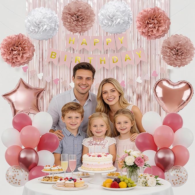 Dusty Pink Birthday Decorations for Women, Happy Birthday Party Decorations, Happy Birthday Banner, Retro Blush Pink White Rose Gold Balloons, Paper Pompoms, Heart Garland, Party Decor for Girls