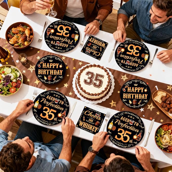 96 Pcs Whiskey 35th Birthday Party Supplies Aged To Perfection 35th Plates and Napkins Disposable Cheers and Whiskey Tableware Set for Men Vintage 35 Years Old Birthday Party Decorations Serves 24