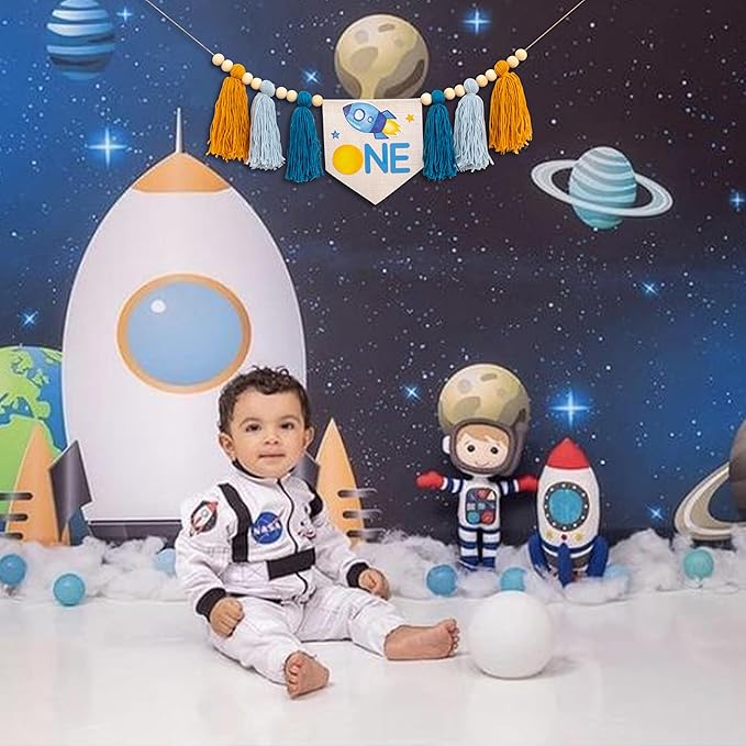 Gostman Outer Space ONE High Chair Banner - First Trip Around The Sun Birthday Party Decorations,Space Themed First Birthday Highchair Banner,Space Ship Sign Decor (outer space banner)