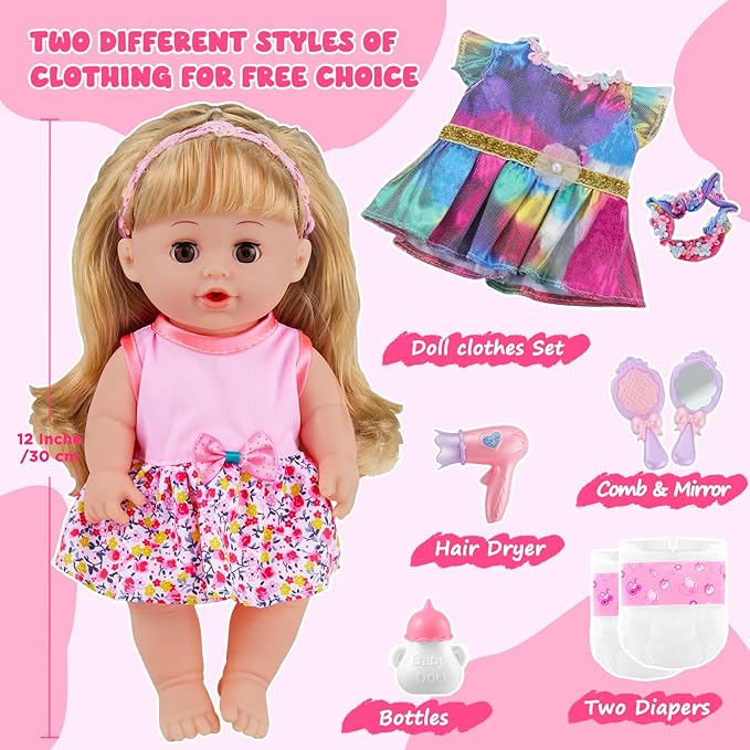 GAGAKU 12 Inch Baby Doll with Hair - Full Vinyl Baby Doll for Girls Ages 3-6 Years, First Baby Doll Playset with Accessories for Toddlers 1-3