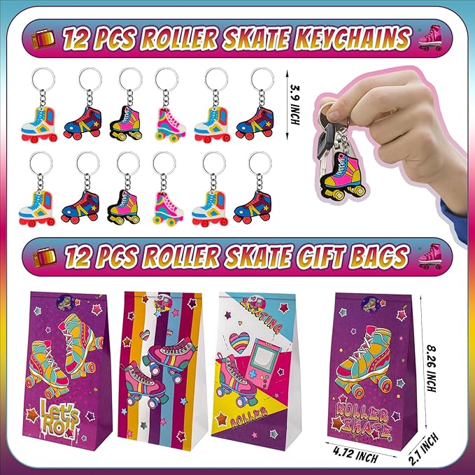 134 Pcs Roller Skate Party Favors Set with Straws Keychains Slap Bracelet Tattoo Roller Skate Stickers Wristbands Goodie Bags Roller Skating Party Supplies Skate Party Decorations