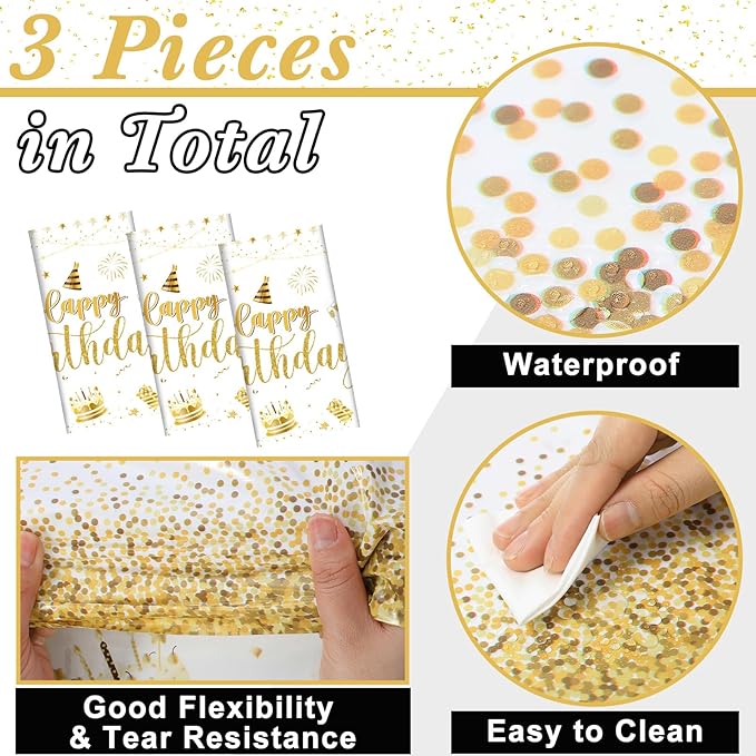 Tudomro 3 Pcs Happy Birthday Tablecloths Happy Birthday Party Decorations Plastic Table Cover Rectangular Cloths for Women Men Baby Shower Party Supplies, 108 x 54 Inch (White Gold)