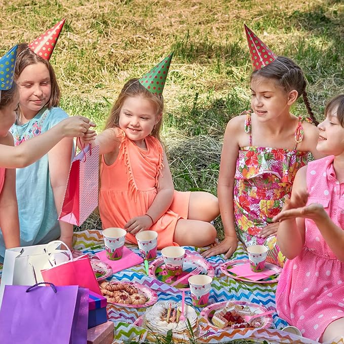 Zubebe 120 Pcs Pink Camping Party Supplies for 24 Guests: 48 Plates, 24 Cups, 24 Napkins, 24 Forks - Camping Theme, Disposable, Lightweight
