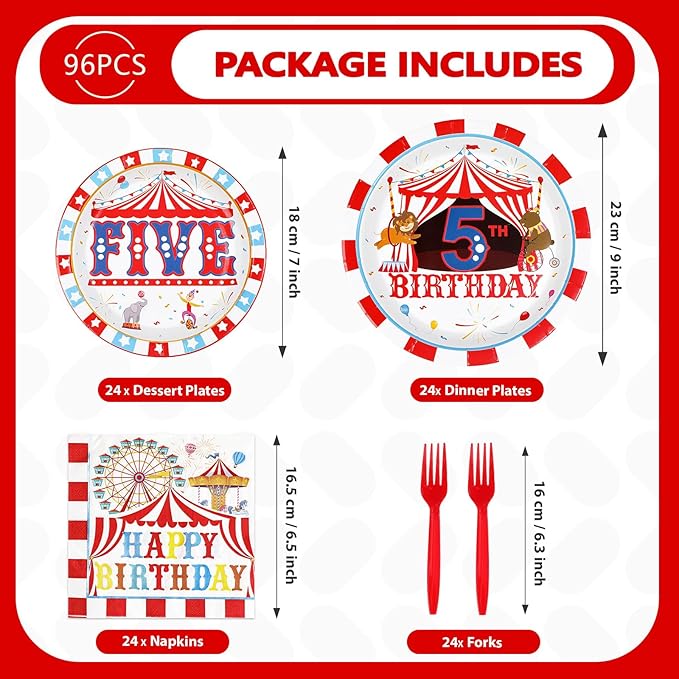96Pcs Carnival 5th Birthday Party Decorations Christmas Carnival Circus Fifth Birthday Plates and Napkins Tableware Sets Circus Theme Decorations for Kids Baby Shower Five Years Old Supplies Serves 24