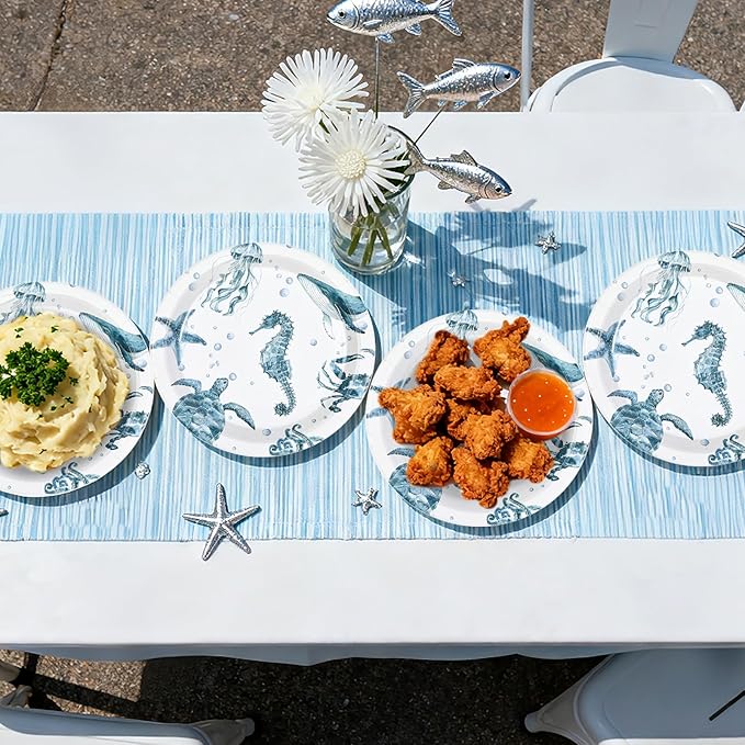 50Pcs Coastal Paper Plates 10 Inch Large Heavy Duty Seahorse Starfish Seashell Platters Blue Ocean Jellyfish Themed Plates for Winter Xmas Beach Holiday Birthday Lunch Dinner Supplies Decorations