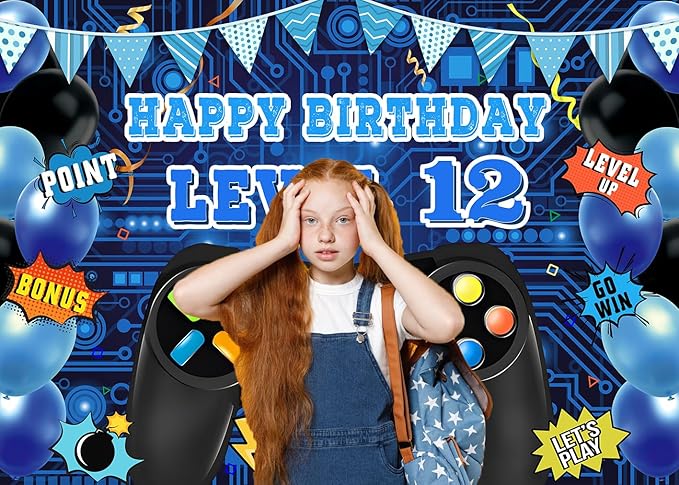 Game Theme Level 12 Birthday Backdrop Video Game Happy 12th Birthday Party Decorations Level Up Theme Boys Kids Birthday Party Supplies(7×5FT)