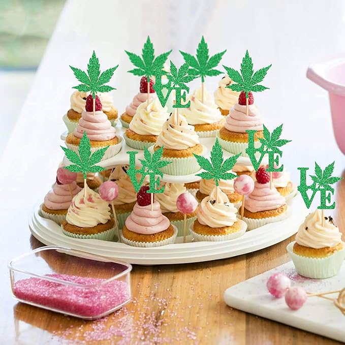Ercadio 24 Pcs Green Glitter Marijuana Cupcake Topper Have a Dope Love Theme Decor Supplies Man Woman Happy Birthday Party Decorations Supplies