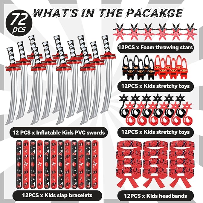 72Pcs Karate Party Favors Include Inflatable Sword Headbands Karate Party Decorations Slap Bracelets Costume Accessories Gift Set for Kids Boys Girls Birthday Supplies