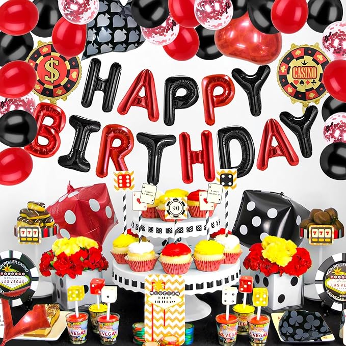 Casino Theme Party Decorations Las Vegas Poker Night Birthday Decorations Set, Aluminium Foil Happy Birthday Banner, Dice, Chips, Poker Signs, Latex Balloons