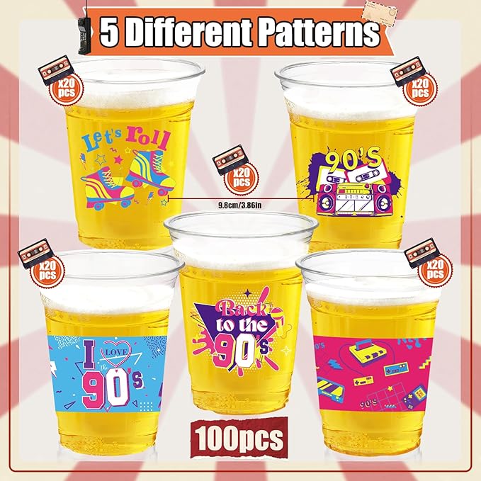 90s Theme Party Decoration Cups, 100 Pcs 16 OZ Disposable Plastic Cups for Retro Music Hip Hop Throwback Dance Back to 90's Birthday Party Favor Supplies