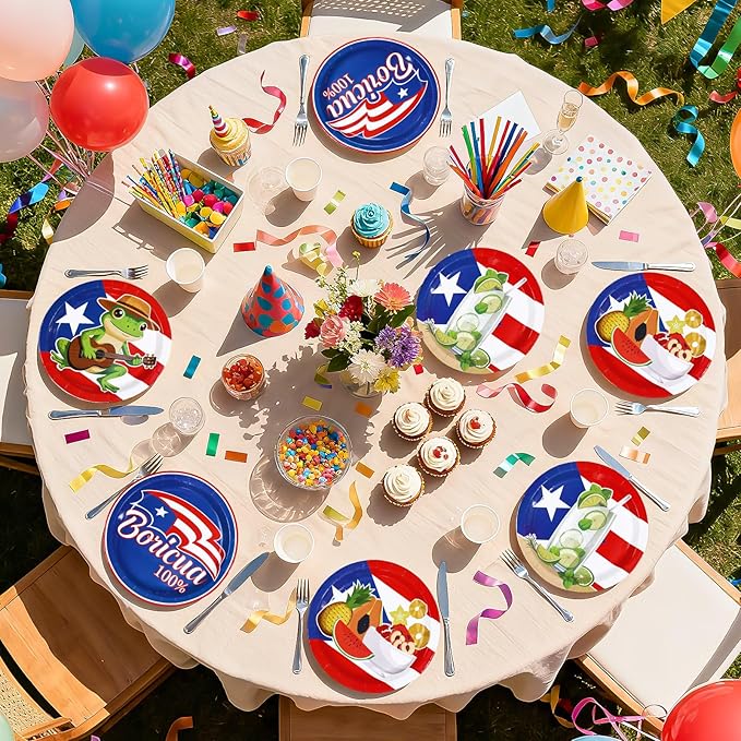 60Pcs Puerto Rico Paper Plates 9" Heavy Duty Disposable Puerto Rican Dessert Plate Coqui Frog Flag Party Decor for Xmas Three Kings Day New Year San Sebastián Street Festival Party Supplies