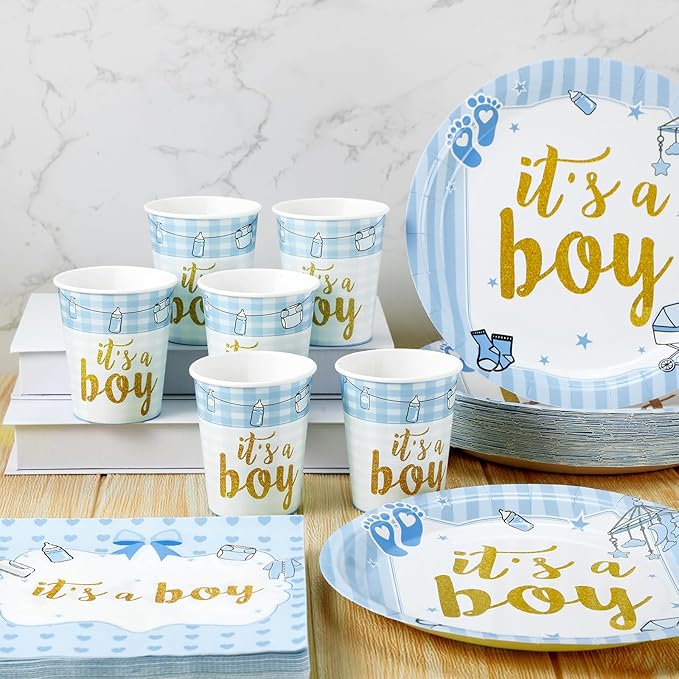 200 Pcs Blue Baby Shower Paper Plates Napkins Cups Boy Baby Shower Party Supplies Tableware Set Blue Disposable Cup Napkin for 50 Guest Boys Spring Party Decoration