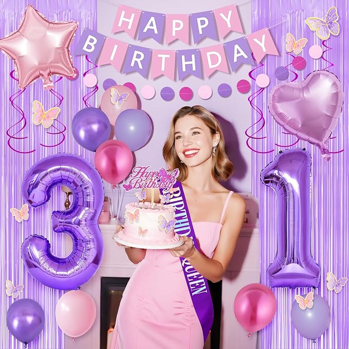 31st Purple Birthday Decorations for Women, Pink and Purple Happy 31 Birthday Party Decorations with Happy Birthday Banner, Number Foil Balloons, Butterfly Cake Topper for 31st Party Supplies