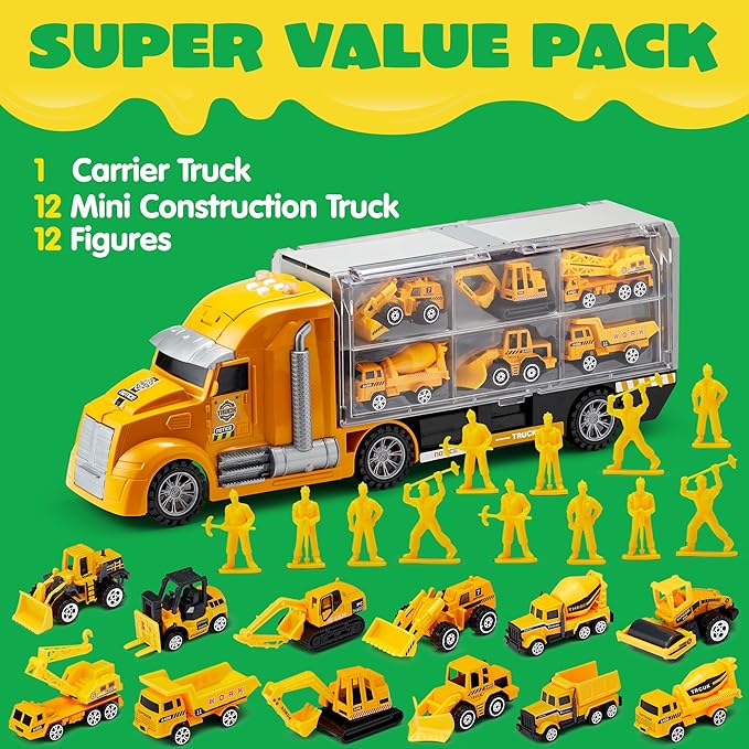 JOYIN 25 in 1 Kids Construction Truck Toy Set, 24Pcs Push and Go Cars and Worker Figures, Toddler Play Vehicles with Sounds and Light, Birthday Gifts for 3 4 5 6 7 Years Old Grandkids, Easter Basket