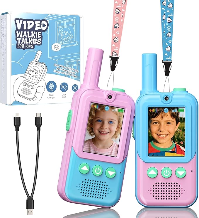 Video Walkie Talkies for Kids 2 Pack, 500ft Range Rechargeable Kids Walkie Talkies with HD Camera & 4 Voice Changer, 2 Way Radio Toys for 3-12 Year Old Girls Boys for Camping Outdoor Adventure