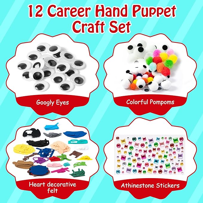 WATINC 12Pcs Hand Puppet Making Kit, Art Craft Felt Sock Puppet Toys, Creative DIY Make Your Own Pompoms Wiggle Googly Eyes Storytelling Role Play Party Supplies Gift for Girls Boys (Career)