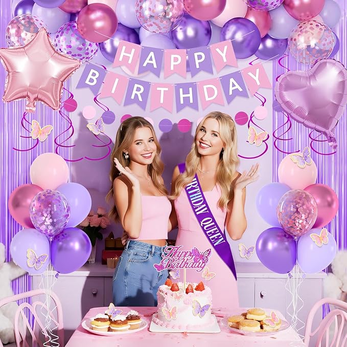 17th Purple Birthday Decorations for Girls, Pink and Purple Happy 17 Birthday Party Decorations with Happy Birthday Banner, Number Foil Balloons, Butterfly Cake Topper for 17th Party Supplies