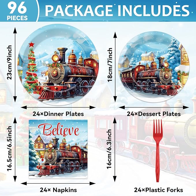 gisgfim 96 Pcs Christmas Train Plates and Napkins Party Supplies Christmas Believe Dinnerware Tableware Set Disposable Xmas Paper Plates Party Decorations Favors for Winter Holiday Serves 24