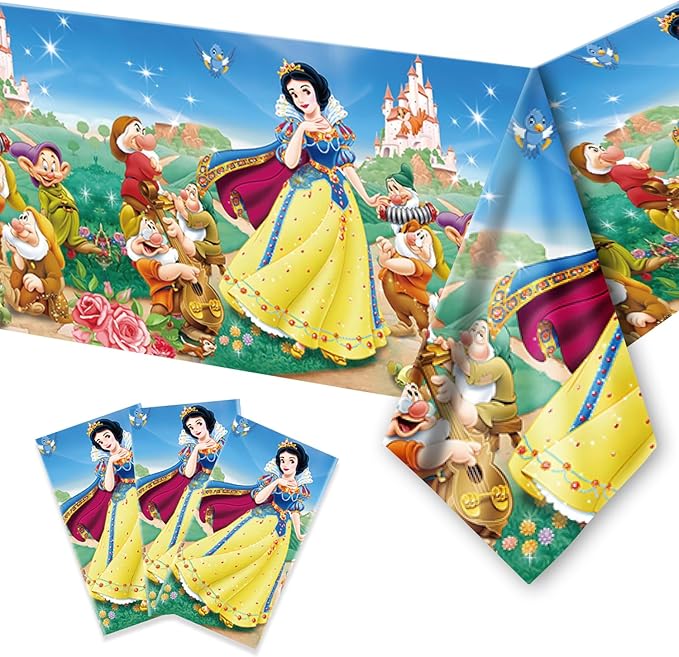DoMiDoLa 2Pack Snow White Tablecloth Disposable Tablecover Birthday Party Supplies and Decorations for Snow White Kid Boy Baby Shower Tables 70"X42"