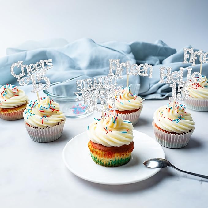 Ephlyn 24Pcs 15th Birthday Cupcake Toppers Glitter Straight Outta 2011 Cupcake Picks Hello 15 Cheers to 15 Years Cake Decorations for 15th Birthday Anniversary Party Decorations Supplies Silver