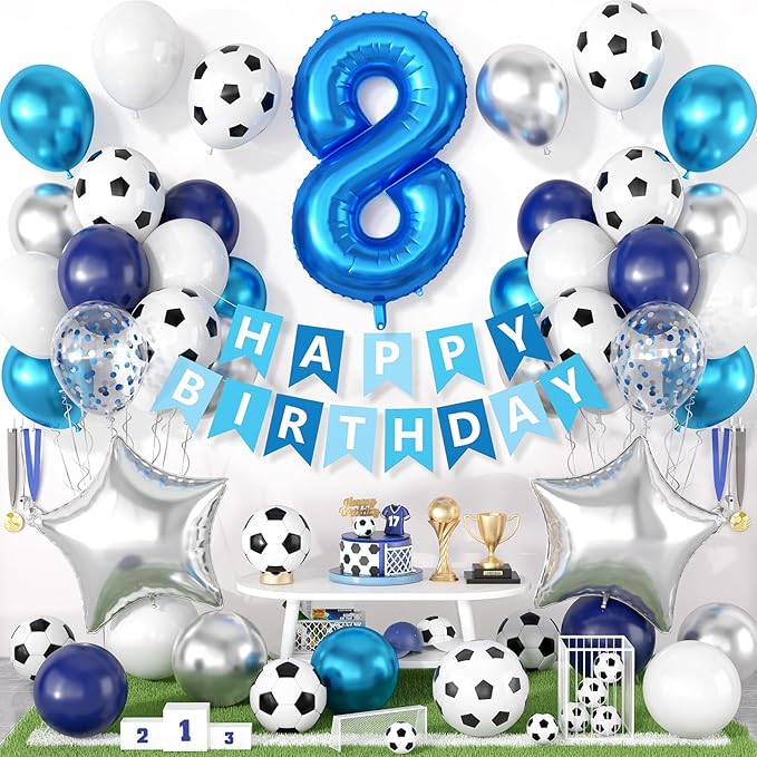 Soccer Birthday Party Decoration for Boys, 8th Soccer Birthday Decoration with Blue White Silver Balloons 'HAPPY BIRTHDAY' Banner 32in Foil 8 Balloon for Boy Kids Birthday Baby Shower Decor