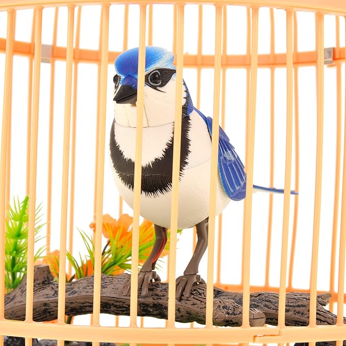 PowerTRC Singing & Chirping Bird in Cage, Realistic Sounds & Movements, Sound Activated, Battery Operated, Great Desk and Room Accessory, Pet Caged Bird Toy (10” x 7”)
