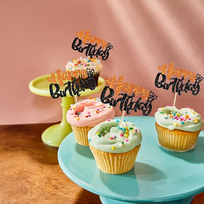 Ephlyn 24Pcs Happy Birthday Cupcake Toppers Double Layer Glitter Happy Birthday Cake Decorations for Halloween Baby Shower Theme Anniversary Party Cake Decorations Supplies Black Orange