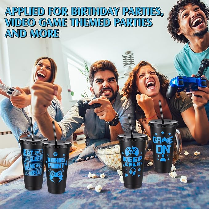 16 Pcs Video Game Plastic Cups Gaming Party Favor with Lids and Straws 24 oz Gamer Reusable Tumbler Water Mug for Fun Video Birthday Party Supplies for Adults (Black Blue)