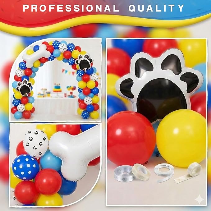 106Pcs Puppy Theme Birthday Decorations for Boys, Red Blue Yellow Balloon Garland Arch Kit with Dog Bone and Paw Print Foil Balloons for Kids Rescue Pet Animal Themed Baby Shower Party Supplies