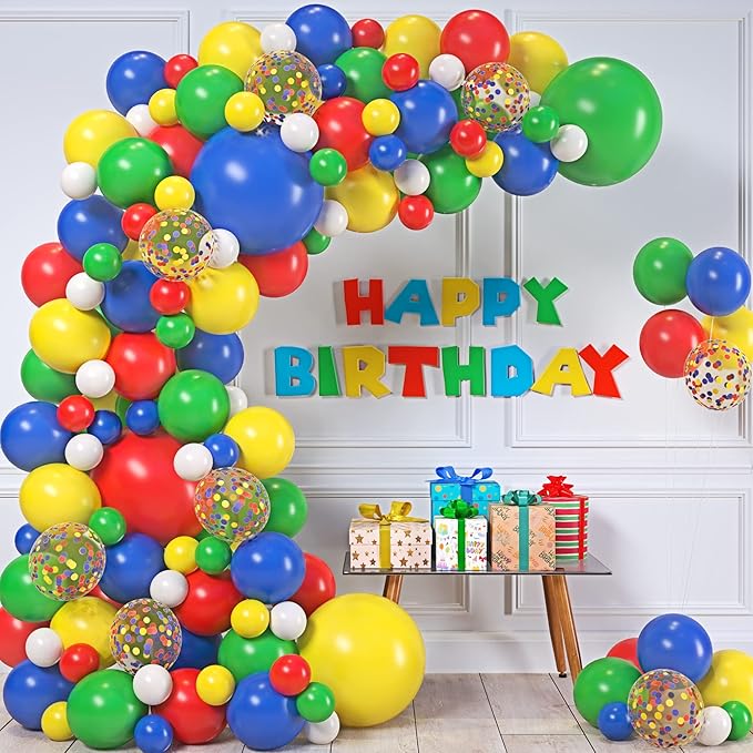 ALL-IN-1 Lego Balloon Arch Kit & Garland – Red, Blue, Green Balloons in Small & Large Sizes – Primary Colors for Circus, Carnival, Rainbow, Boys Birthday Party Supplies & Decorations