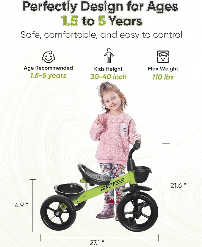 Toddler Tricycle for 1.5 to 5 Years, Tricycle for Ages 2-4 Years, Extra-Wide Rear Wheelbase for Stability, Trikes for Kids 1-3 with Dual Storage Baskets, Easy to Carry Seat, Green