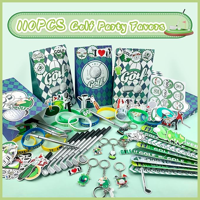 Golf Party Favors 110Pcs Golf Themed Birthday Party Supplies Include Keychains Slap Bracelets Goodie Bags Stickers Golf Themed Party Favors Gifts for Pinata Filler