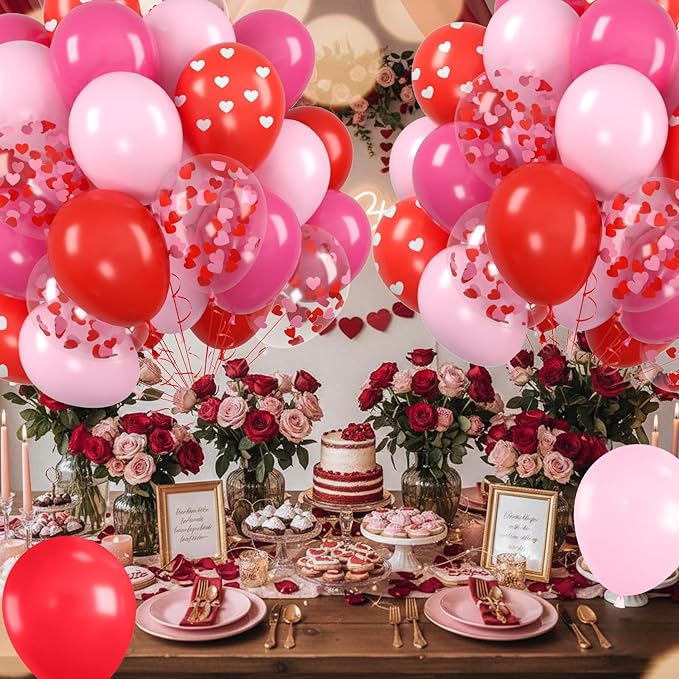 Red and Pink Balloons, Valentine's Day Balloon with Red Pink Heart Printed Confetti Latex Balloons For Valentine Party Birthday Baby Shower Party Wedding Bridal Anniversary Engagement Decorations