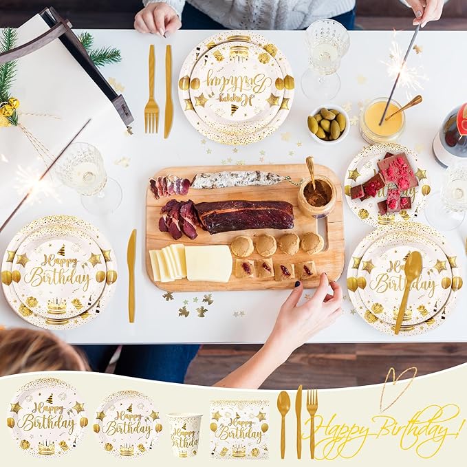 Vesici 350 Pcs Happy Birthday Party Supplies Disposable Party Tableware Set Serves 50 Included Plates Napkins Cups Cutlery for Men Woman 50th 80th Birthday Party Decorations(White Gold)