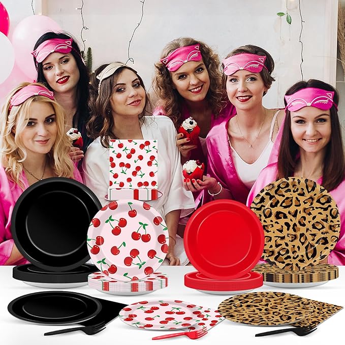 96Pcs Leopard Birthday Party Decorations Paper Red and Black Plates and Napkins Themed Cherry Cheetah Print Dinnerware Tablewares for Women Girls Bachelorette Party Supplies Serve 24 Guest