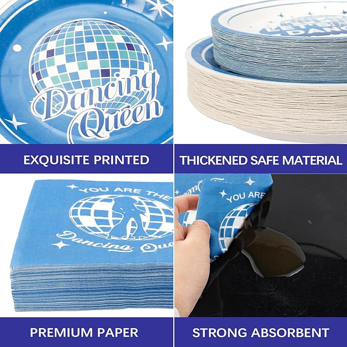 180PCS Dancing Queen Party Supplies Serve 60,Blue Disco Paper Plates and Napkins Kit for 70s Disco 17th Birthday Bachelorette Party Decorations,Includes Dinner and Dessert Plates, Napkins