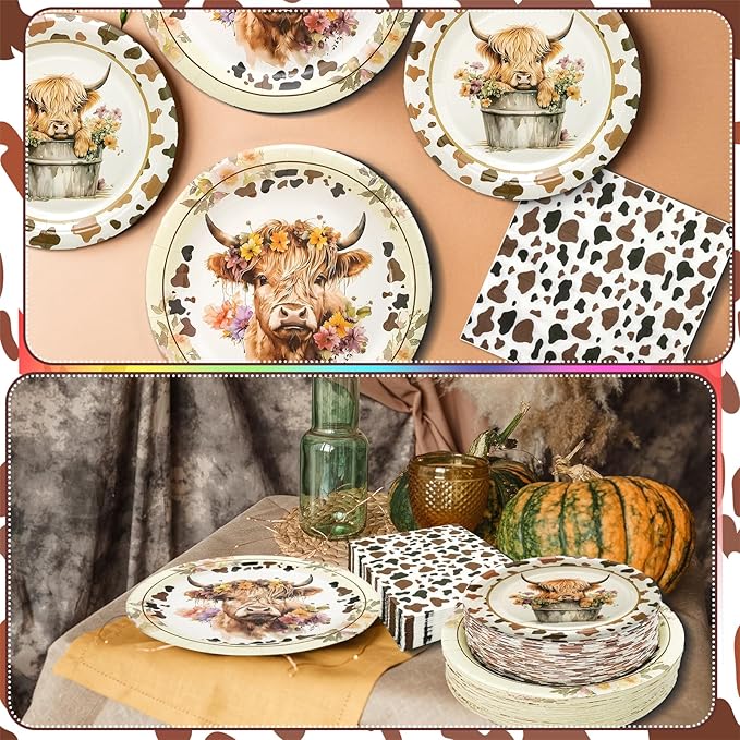 180PCS Highland Cow Party Supplies Serve 60, Brown Cow Paper Plates and Napkins Kit for Highland Cattle Farm Animals Birthday Party Decorations, Includes Dinner Plates, Dessert Plates, Napkins
