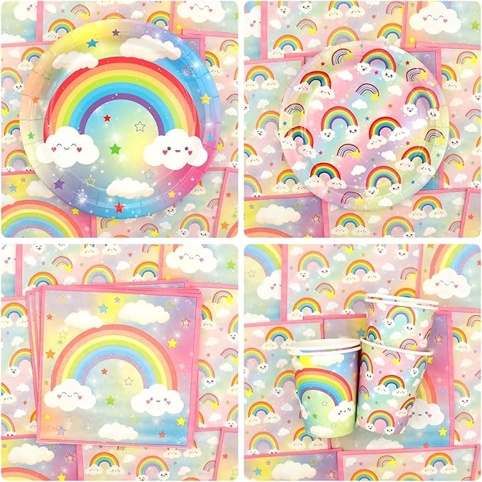 Rainbow Birthday Party Decorations - Rainbow Party Supplies including Backdrop, Plate, Cake Topper, Cup, Napkin, Balloon, Tablecloth - Serves 20