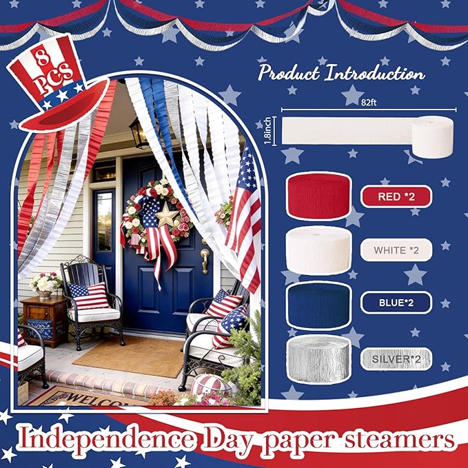 NICROLANDEE Patriotic Decorations - 8 Rolls Red White Blue Crepe Paper Streamers Tassels Streamer Paper for 4th of July Decorations Independence Day Memorial Day American Theme Party Decorations