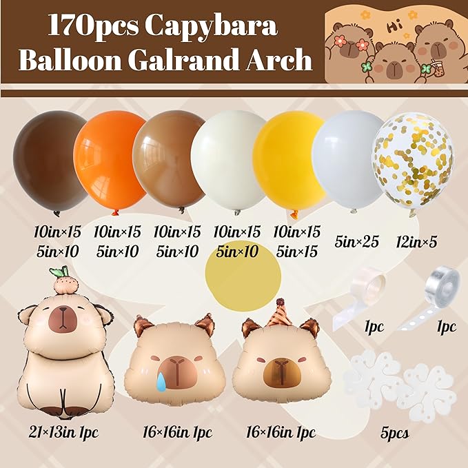 Capybara Birthday Decorations, 171pcs Brown Orange Beige Daisy Balloon Arch with Cute Animal Foil Balloons for Capybara Party Supplies Gender Reveal Baby Shower Kids Birthday Party Decor