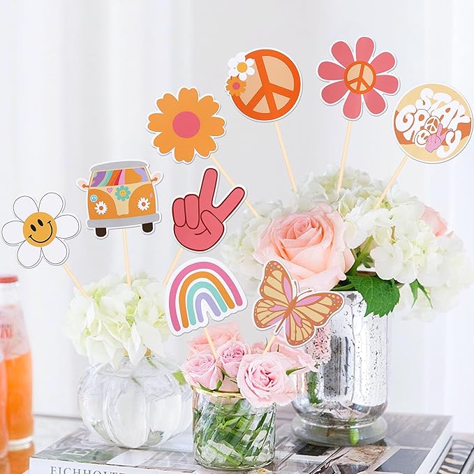 18 PCS Hippie Party Centerpiece Sticks Dasiy 60s Retro Boho Peace Sign Hand Butterfly Two Groovy Table Flower Centerpieces Sticks for Hippie Two Groovy Carnival Theme Birthday Party Supplies